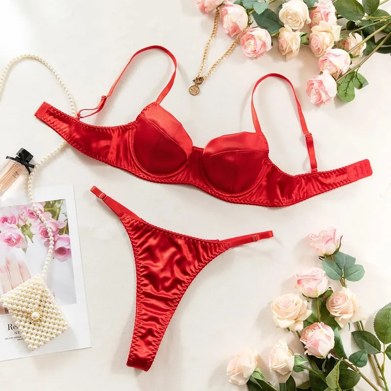 Seksi Mewah Satin Pepejal Pakaian Dalam Nipis Set Bra & Thong Perhimpunan Manis Gadis Fesyen Baharu Pakaian Dalam Elegan Kehidupan Seharian
