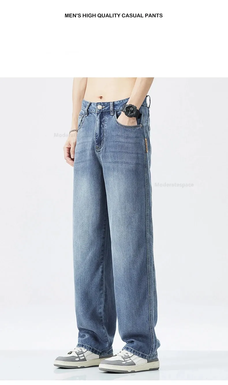 Stretch Jeans Men's 2024 New Lyocell Fabric High Quality Soft Loose Wide Pants Elastic Waist Casual Denim Trousers Streetwear — image 9