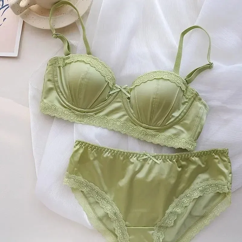 Exquisite Light Luxury Sexy Satin Underwear Thin Women's Summer Soft Steel Ring Half Cup Bra Set Bras for Women