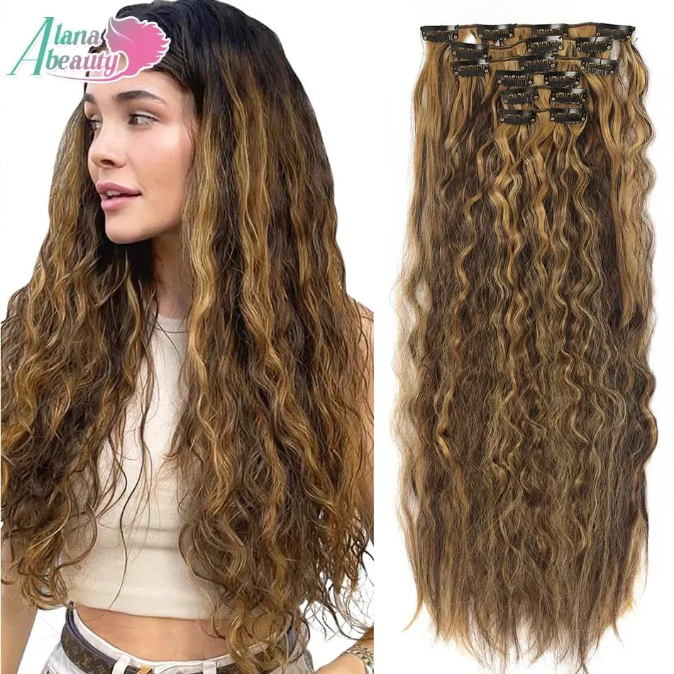 Synthetic Long Wavy Clip In Hair Extensions 20" Thick Hairpiece 6pcs/set For Women Brown Blonde Black Natural Fake Fiber Hair — image 12
