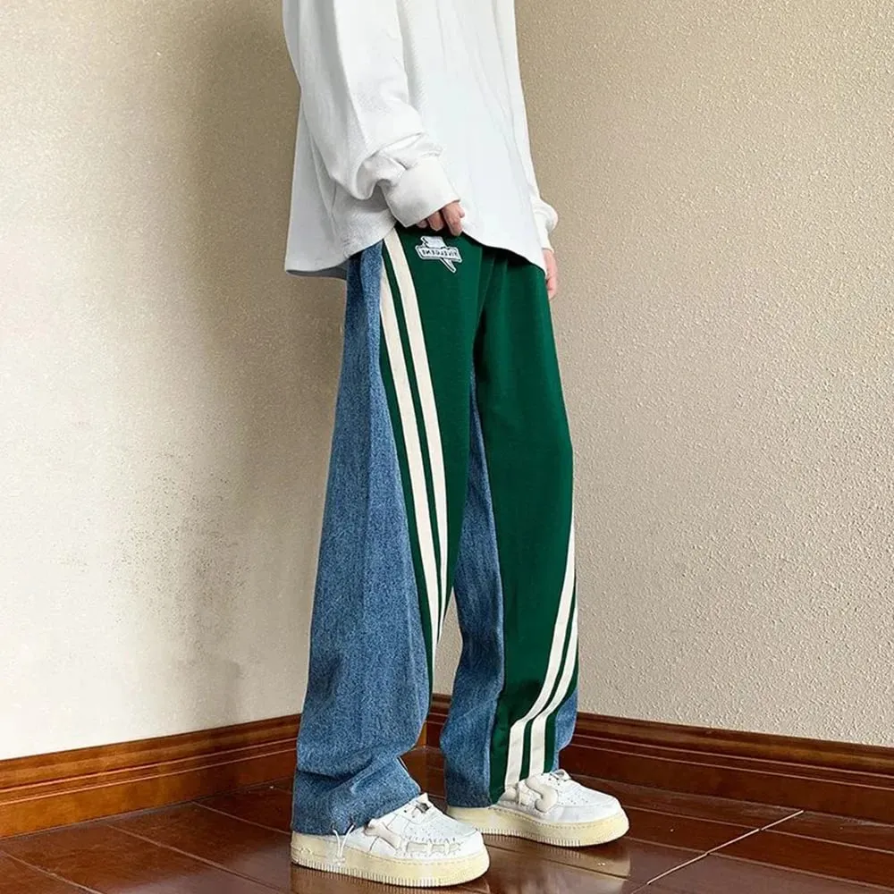 Mens Y2K Tracksuits Denim Drawstring Casual Pants Street Straight Pants Unisex Fashion Stitching Contrast Jeans Hip-Hop Trousers — image 3