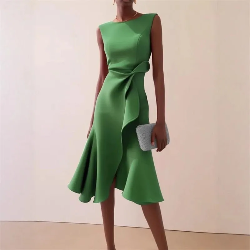 Women Sleeveless Solid Color Round Neck Midi Dress Elegant Slim Fit Formal Party Outfit Fashion 2025 New Arrival — image 2