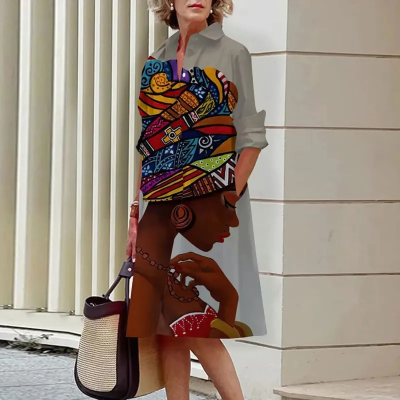 Women's Long Work Dresses Turtleneck High Waist Tie Button Face Pattern Printed Shirt Dresses Button Loose Spring and Summer — image 12