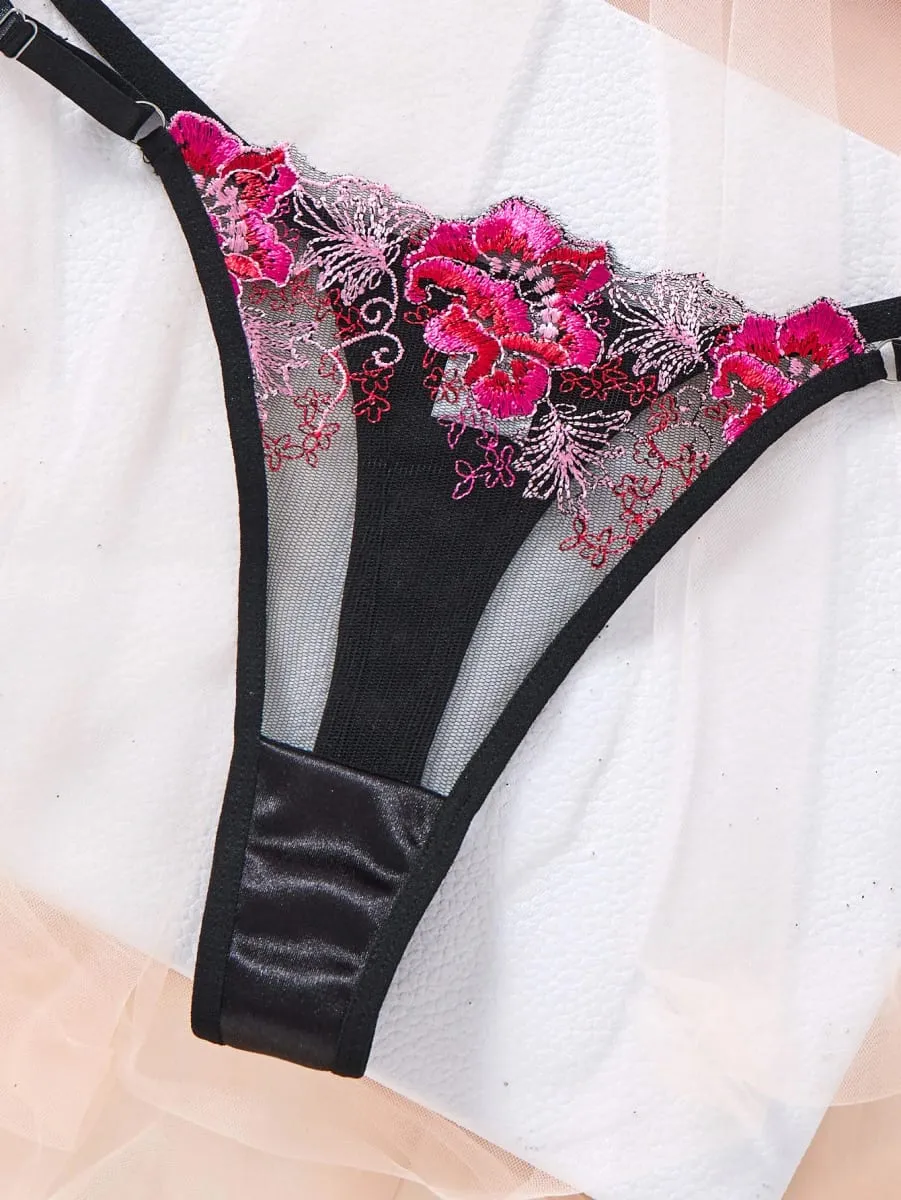 Elegant Black Floral Embroidered Lace Lingerie Set Women Push Up Bra Thong Satin Mesh Romantic Intimate Underwear ZA825146