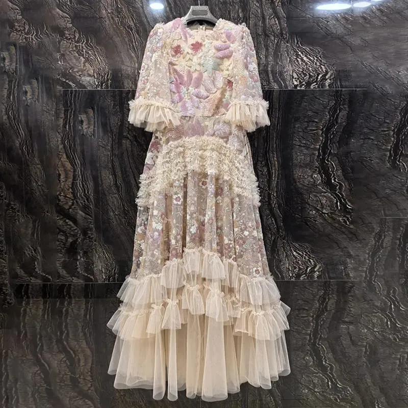 แฟชั่นสีชมพูปักเลื่อมชุดสตรีรอบคอ Ruffles ครึ่งแขนข้อเท้า-ความยาวชุดใหม่ 3A132