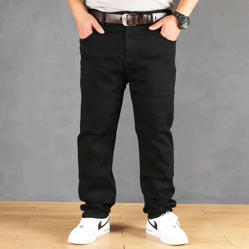 Plus Size Men's Solid Barrel Denim Pants For Spring Fall Casual Black Trendy Jeans For Men
