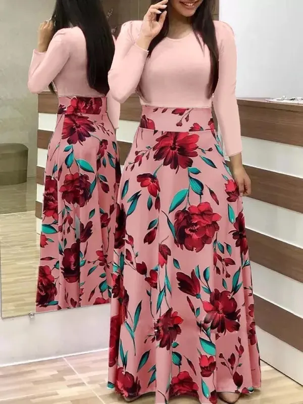 2024 European and American style flower print color matching short sleeved dress for women's large swing skirt — image 13