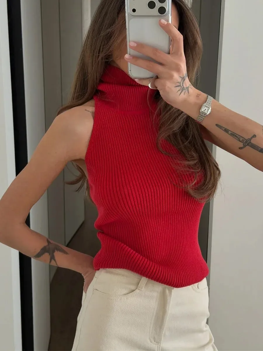 Solid Color Knit Sleeveless Tank Top Women High Neck Backless Slightly Fitted Cropped Vest Minimal Daily Fashion Casual Outfit — image 9