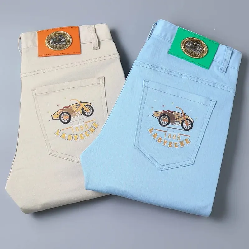Business Men's Jeans Luxury Brand High Quality Trouser Summer Light Male Pants Fashion Casual Baggy Straight Denims Beige Pants — image 2