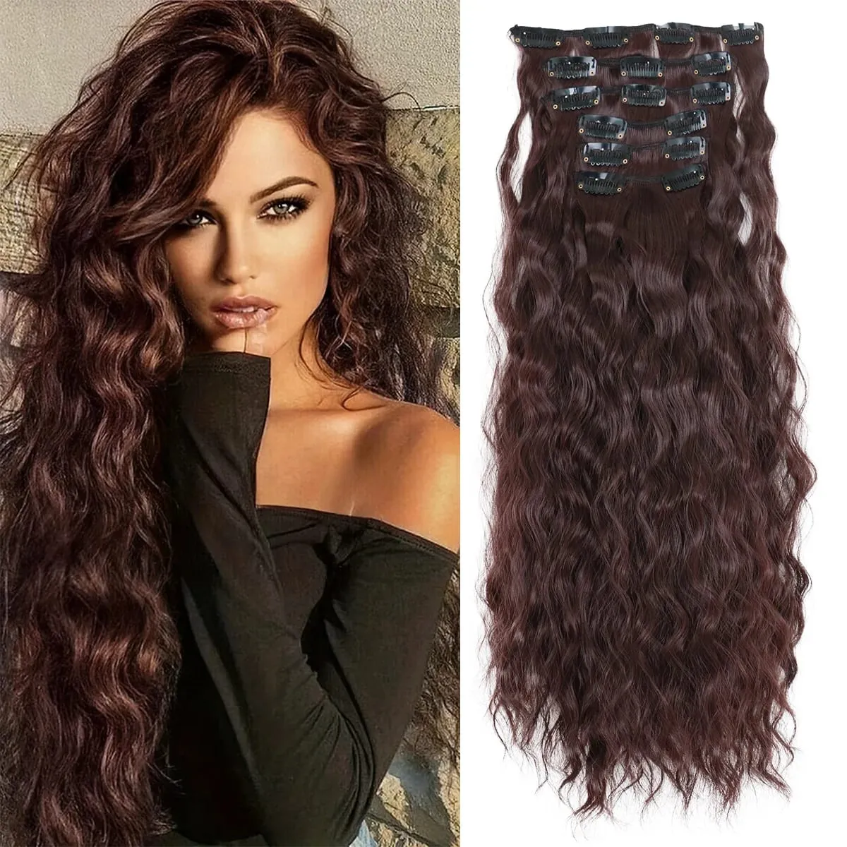 Synthetic Hair Extensions 16Clips In 6PCS Set Curly 22inch Long Clip On Hairpiece Corn Wavy Style For Women Girls Daily Party