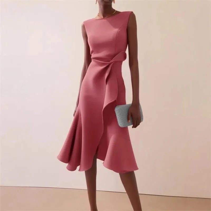 Women Sleeveless Solid Color Round Neck Midi Dress Elegant Slim Fit Formal Party Outfit Fashion 2025 New Arrival — image 5