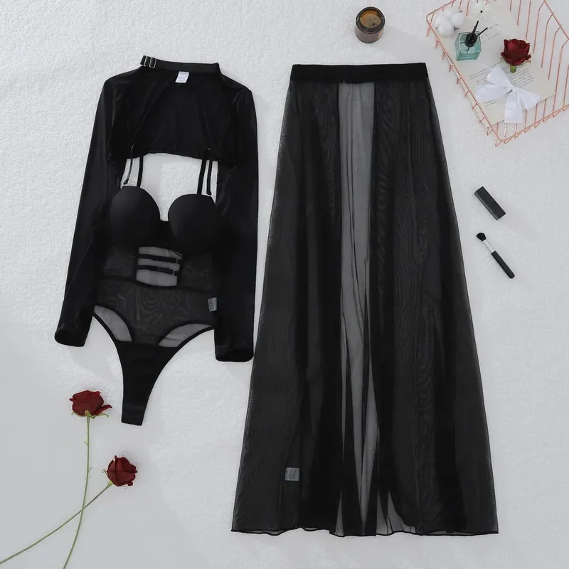 2025 New Perspective Mesh Body Shaping Jumpsuit Women's Sexy Splicing Split Skirt Female See Through Underwear 3-Piece Brief Set