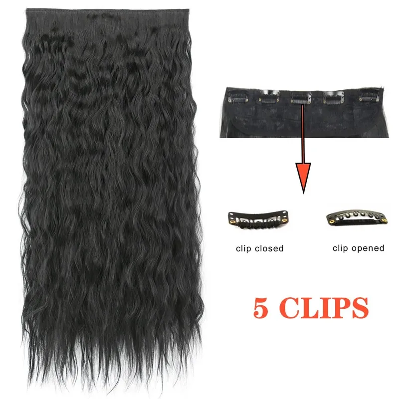 Synthetic Long Wave 5 Clips Hair Extensions Clips in High Temperature Fiber Black Brown Hairpiece