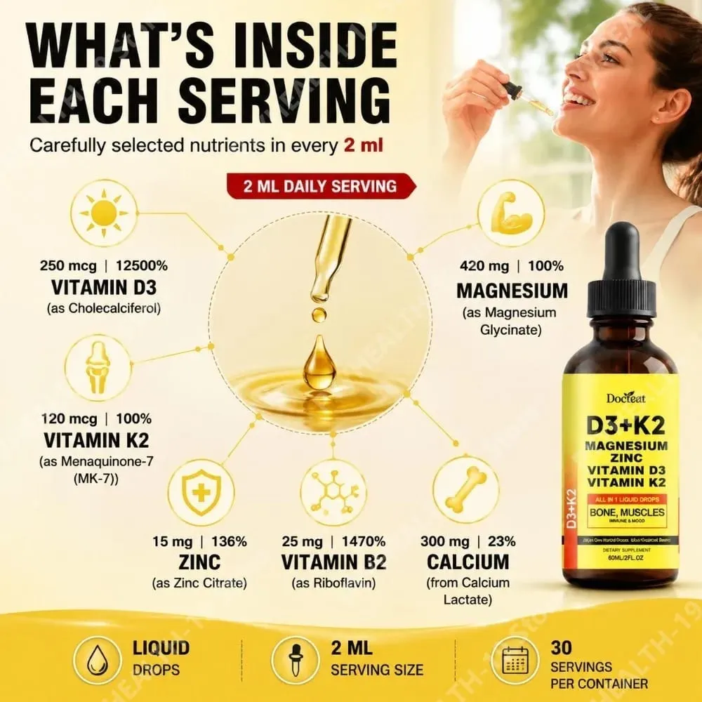 Docteat D3+K2 Liquid Drops with Magnesium Zinc & Vitamin D3 for Bone Health & Muscle Function Wellness Support Adults 60 ML — image 6