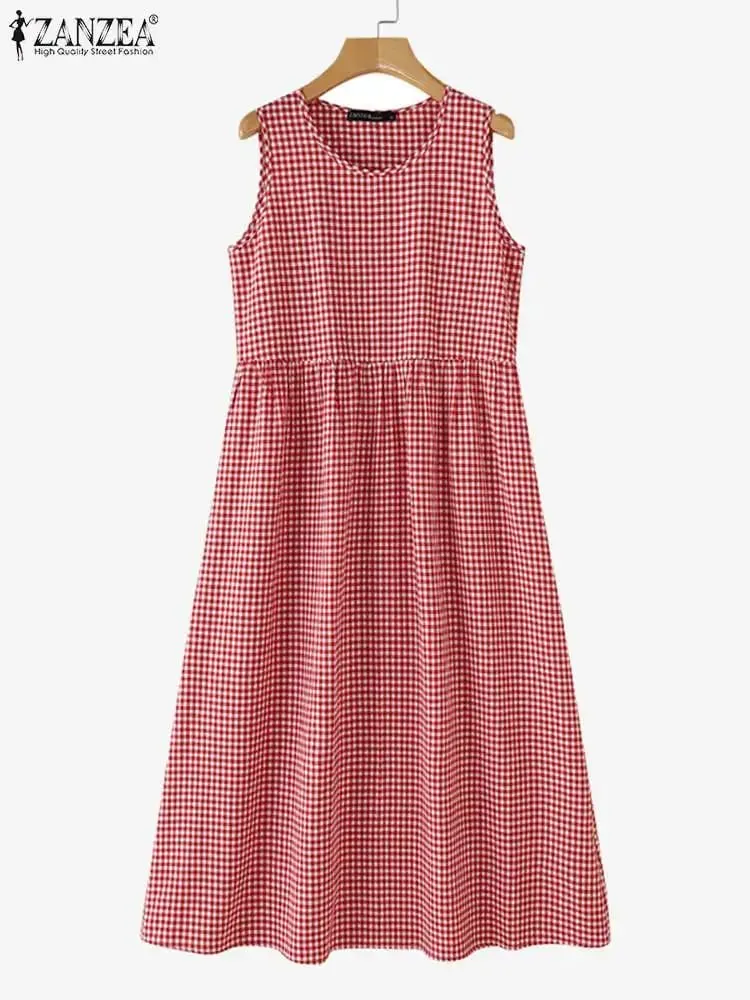 Summer Plaid Checked Sundress Sleeveless Bohemain Holiday Dresses Women Elegant O Neck Dress Casual Baggy Work Vestidos — image 7