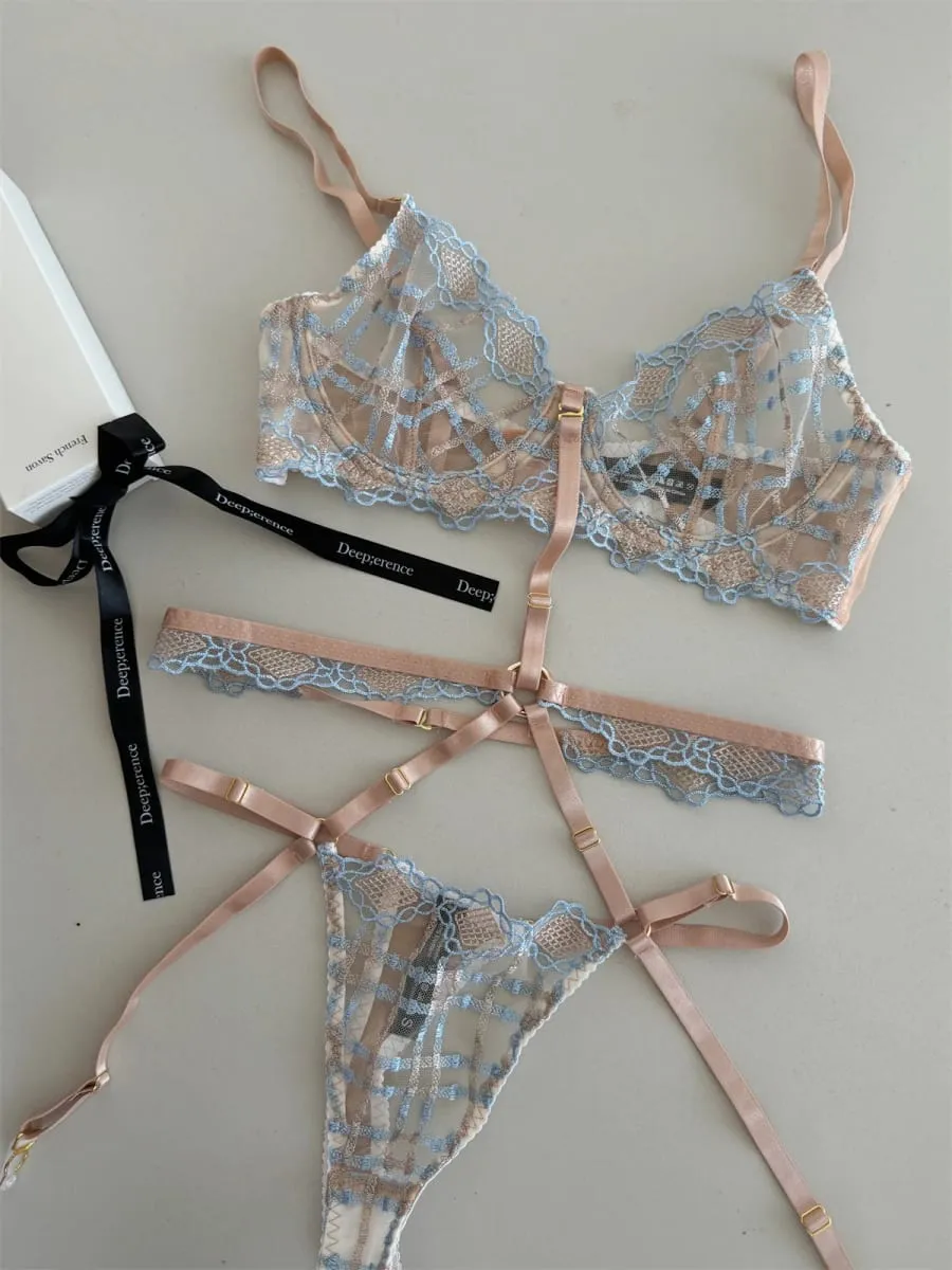 Charming lace lingerie silk thin sexy thin steel ring top support gathered bra set women push up bras thongs suit