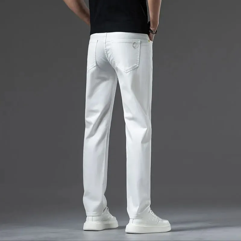 2026 New High Quality Casual Men White Jeans Mid-Waist Straight Stretch Denim Trousers Cotton Comfortable Regular Denim Pants — image 6