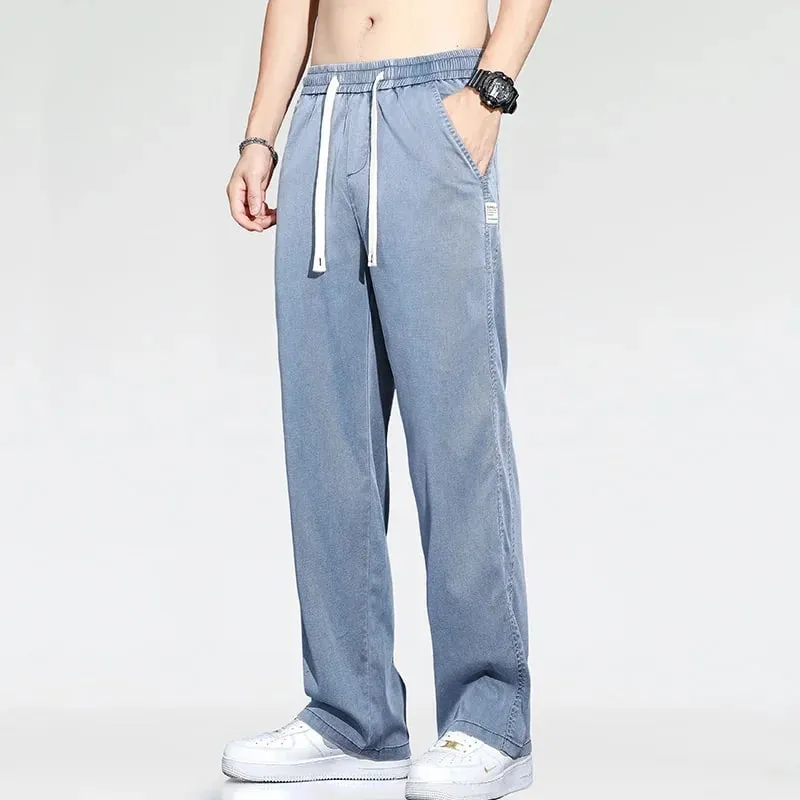 Summer Thin Loose Wide-leg Men Jeans Soft Lyocell Elastic Fashion Casual Straight Drawstring Denim Trousers Black Blue Gray