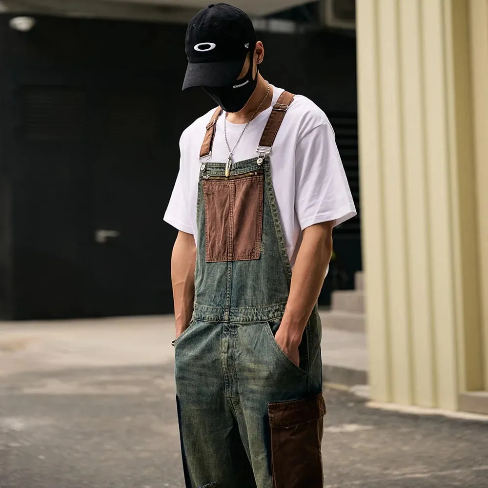 Men Big Multi Pockets Bib Overalls Vintage Blue Distressed Denim Cotton Cargo Jeans Adjustable Suspenders Coveralls Dungarees — image 3