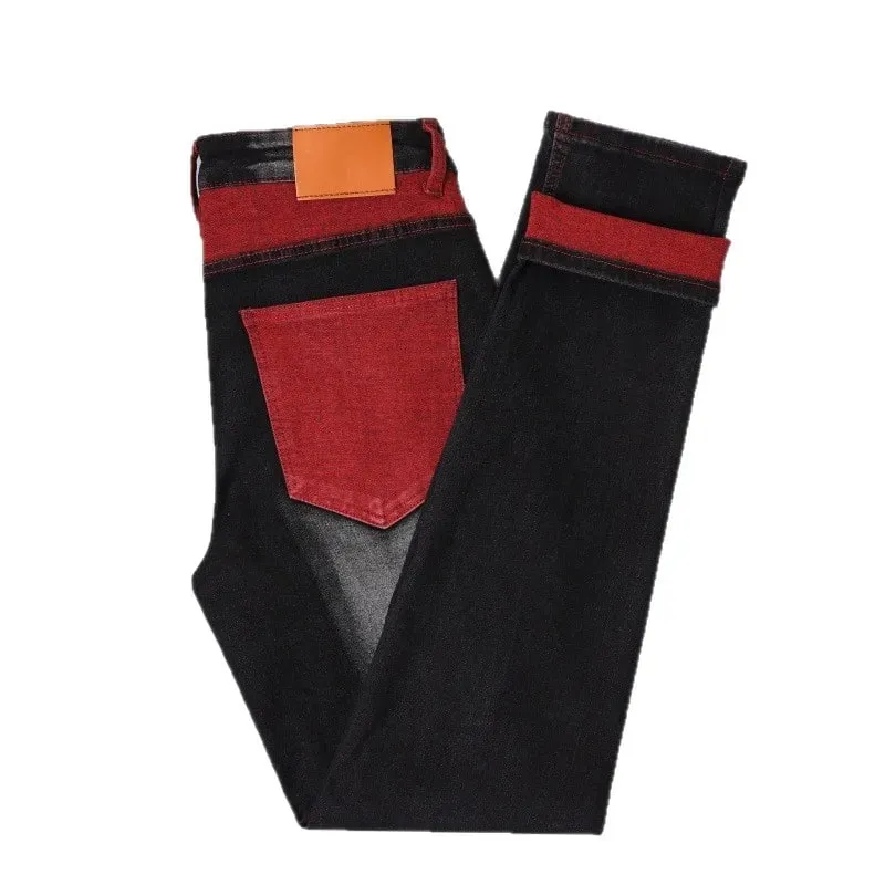 Jeans Stretch Hitam Pria untuk Celana Denim Musim Semi dan Musim Gugur dengan Detail Ripped Merah Ukuran Asia 28–42. — image 6