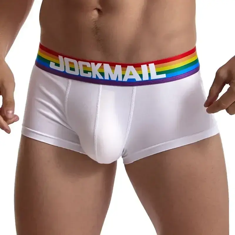 Cueca boxer masculina com cinto de arco-íris, cueca boxer masculina de algodão, roupa íntima respirável, cueca boxer macia branca — image 3