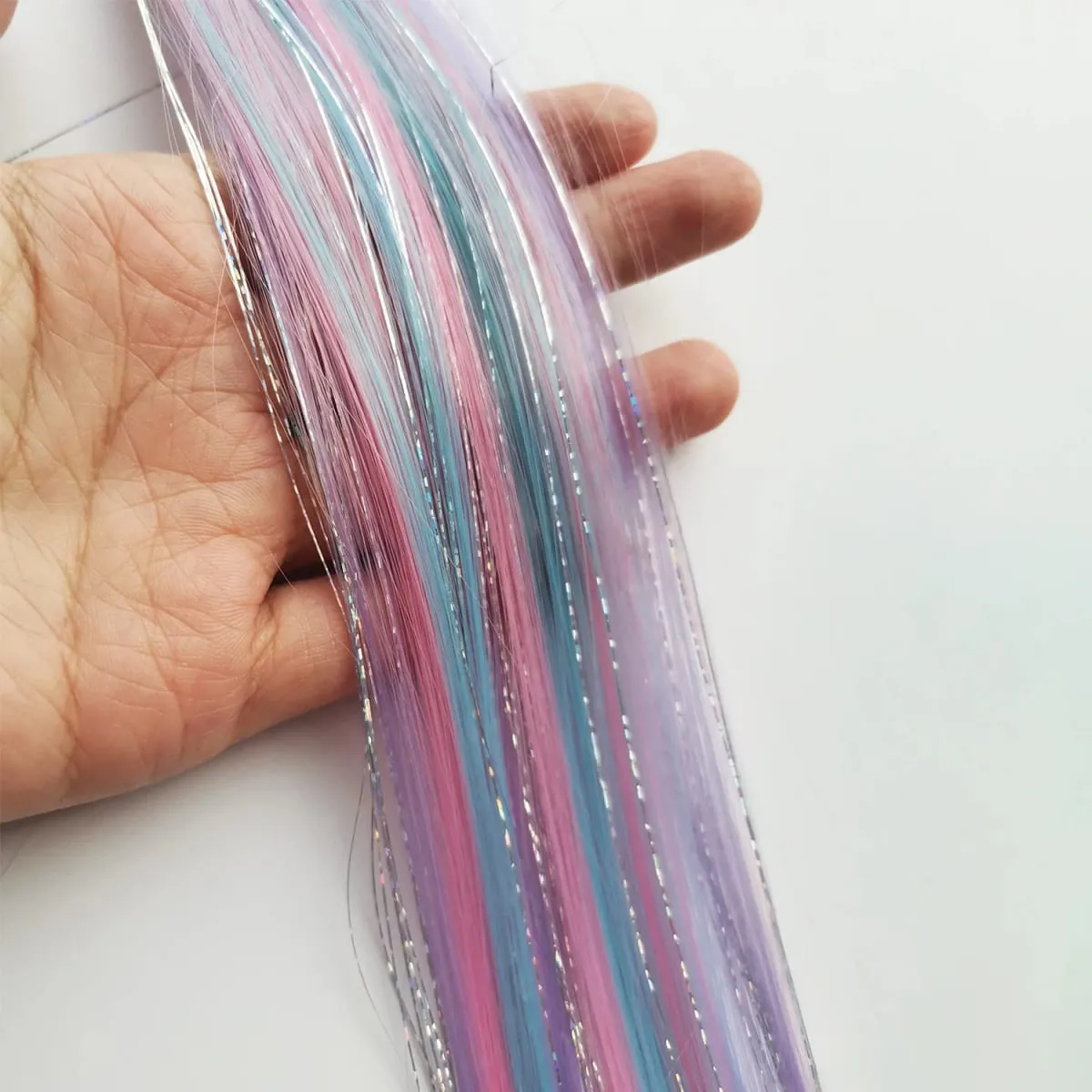 Unicorn Clip in Colored Hair Extensions Mixed Silver Tinsels Synthetic Rainbow Hair Holiday Party Highlights for Women Girls — image 4