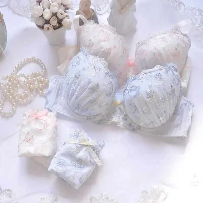 Japanese White Blue Underwire Lolita Embroidered Thin Cup Girl Cute Push Up Sexy Lingerie Bra Set D E — image 1