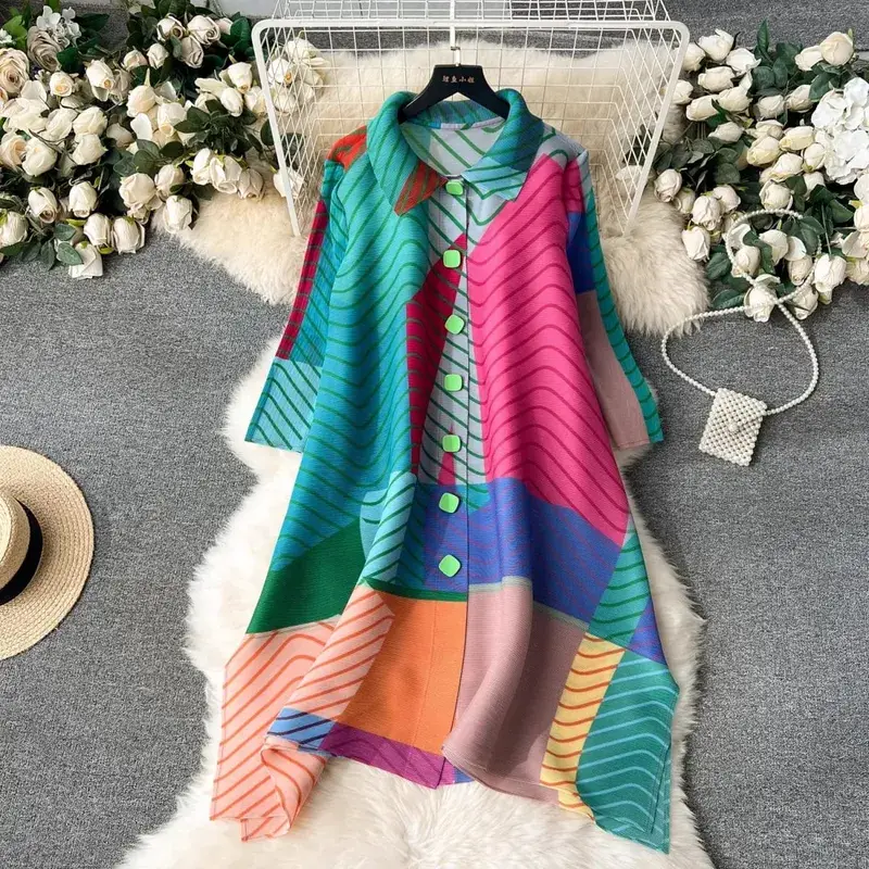 Miyake Pleated Drape Dress Women 2024 Jaro Léto Colorblock Potisk Klopa 3/4 rukáv Jednořadé módní košilové šaty — image 4