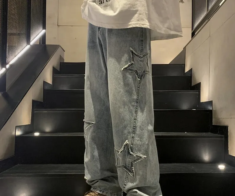 New Fashion Five-pointed Star Jeans Men High-waisted Vintage Streetwear Men Pants Baggy Winter Wide-leg Jeans Denim Men Clothing — image 2