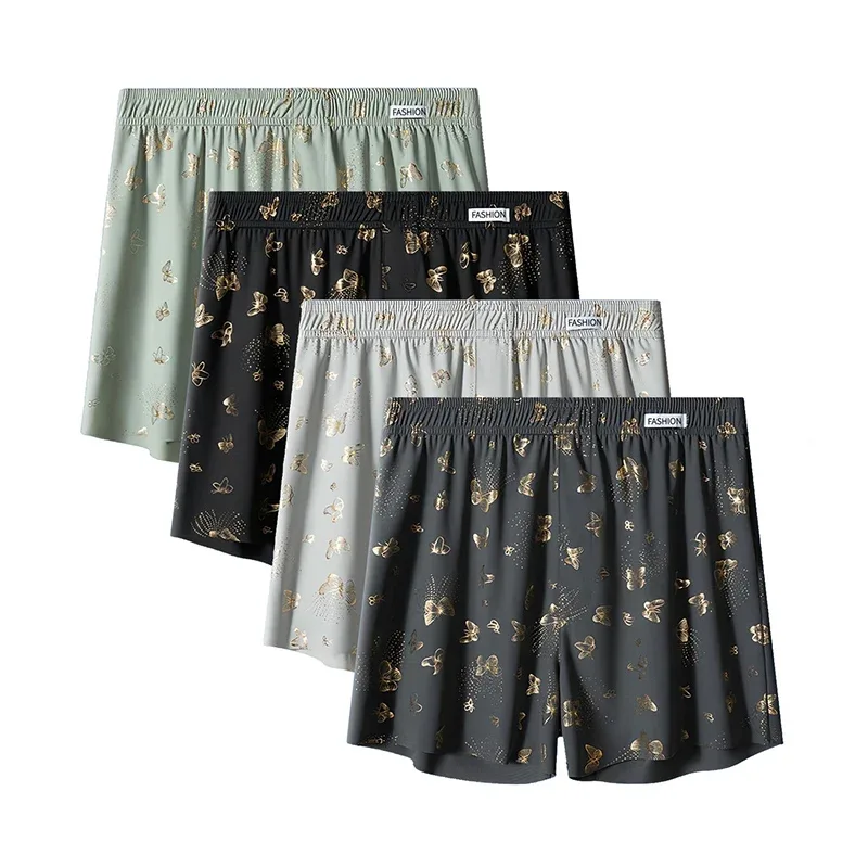 4 Parça Kelebek Baskı Erkek Kişiselleştirilmiş Aro Pantolon, Bol ve Nefes Alabilen Günlük İç Giyim, Erkek Moda Boxer Şort