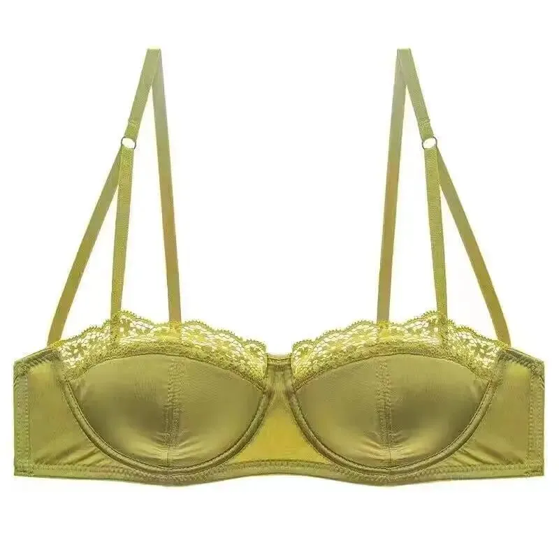 Europäisch-amerikanisches sexy Satin-Halbschalen-Unterwäscheset mit bequemer oberer Stützung, dünn, mit glänzendem Stahlring und grünem Spitzenrand