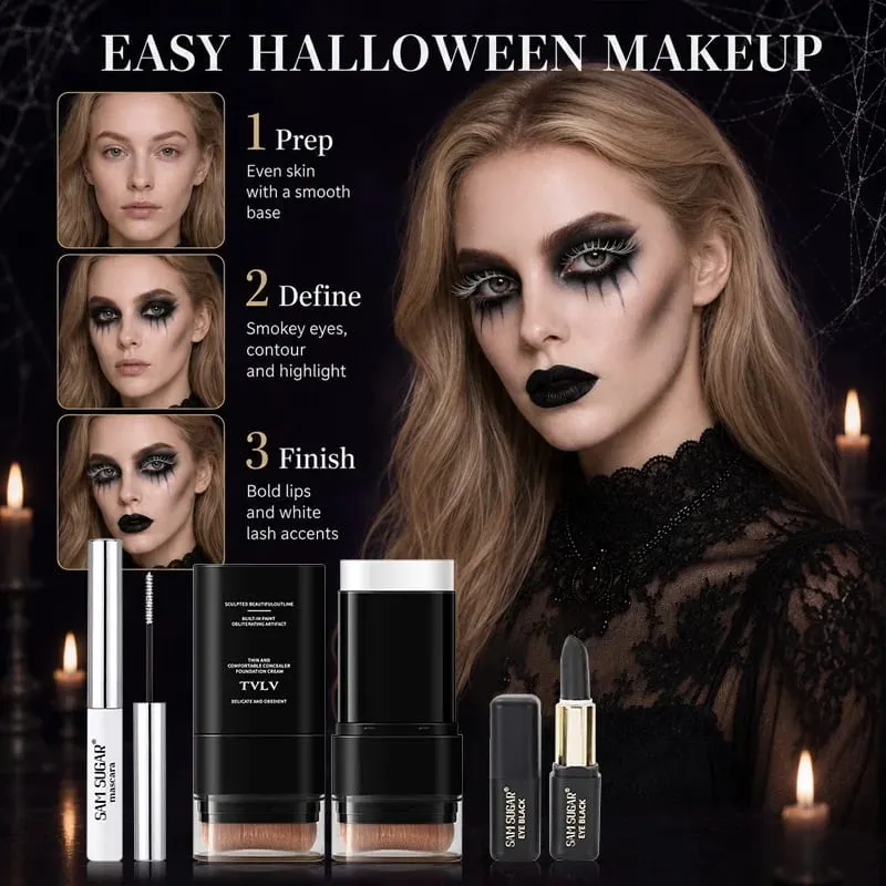 3PCS Halloween Makeup Kit Mascara White Foundation Stick Black Face Paint Stick Goth Vampire Skeleton SFX Cosplay Costume Party — image 4