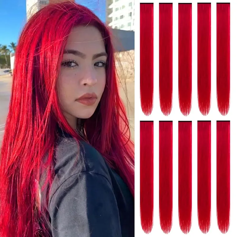 G&T Wig Synthetic 10PC Colored Hair Extensions 22Inch Straight Clip in Hair Extension Rainbow Hairpiece for Girls