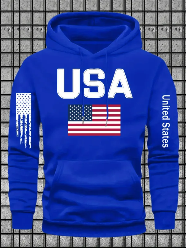 Urban patriotic-themed men's hooded sweatshirt with USA lettered and flag graphics. Street fashion design, loose turtleneck top. — image 6