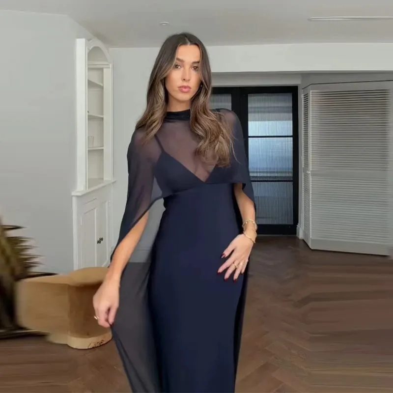 Abiti da sera da donna con mantello trasparente Elegante scollo a V sottile senza maniche Abito con pacchetto anca per donna 2026 Abiti da festa da donna
