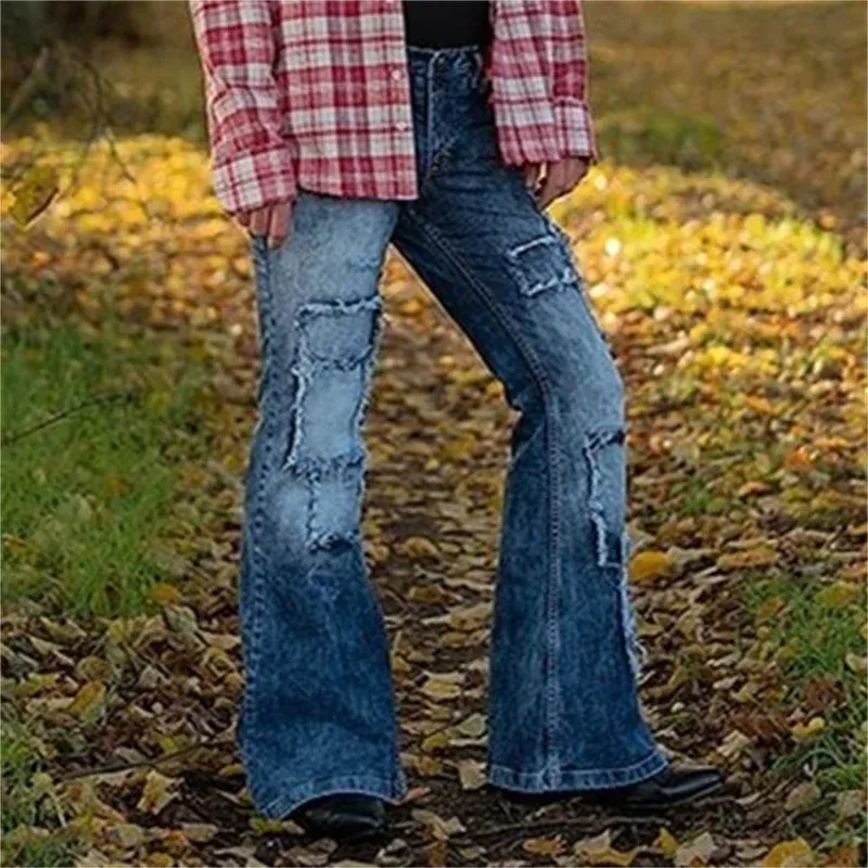Vintage Patch Stretch American Style Flared Jeans Men's Streetwear Button Splicing Pocket Male Youth Daily Casual Denim Pants 23 — image 2
