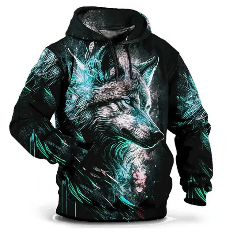 Moda wzór wilka męskie bluzy z kapturem z długim rękawem Street Hip Hop 3d nadruk zwierzęcy bluzy z kapturem 6XL Plus rozmiar codzienna bluza z kapturem