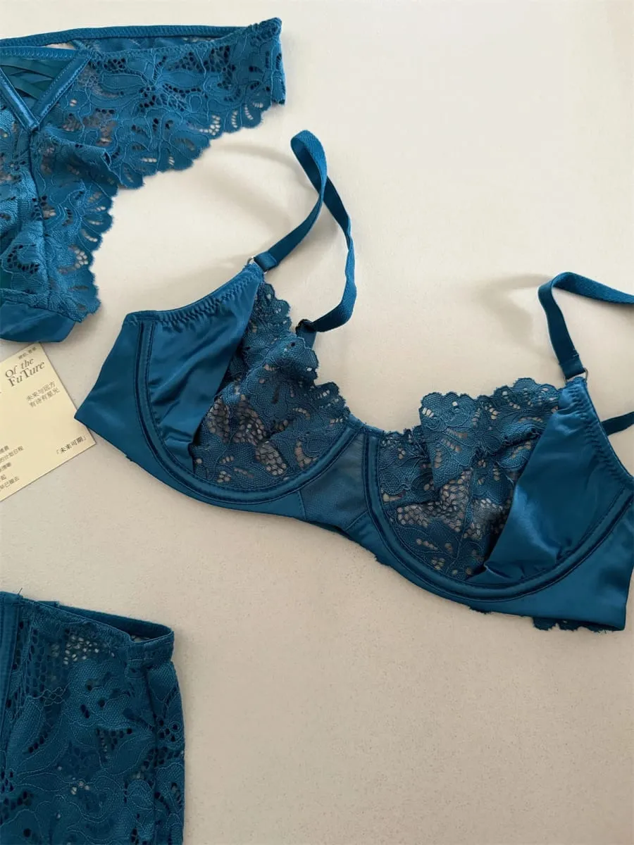 Satin three-piece thin section lingierie large breast underwear sexy lace bra breathable blue temperament underwear set — image 2