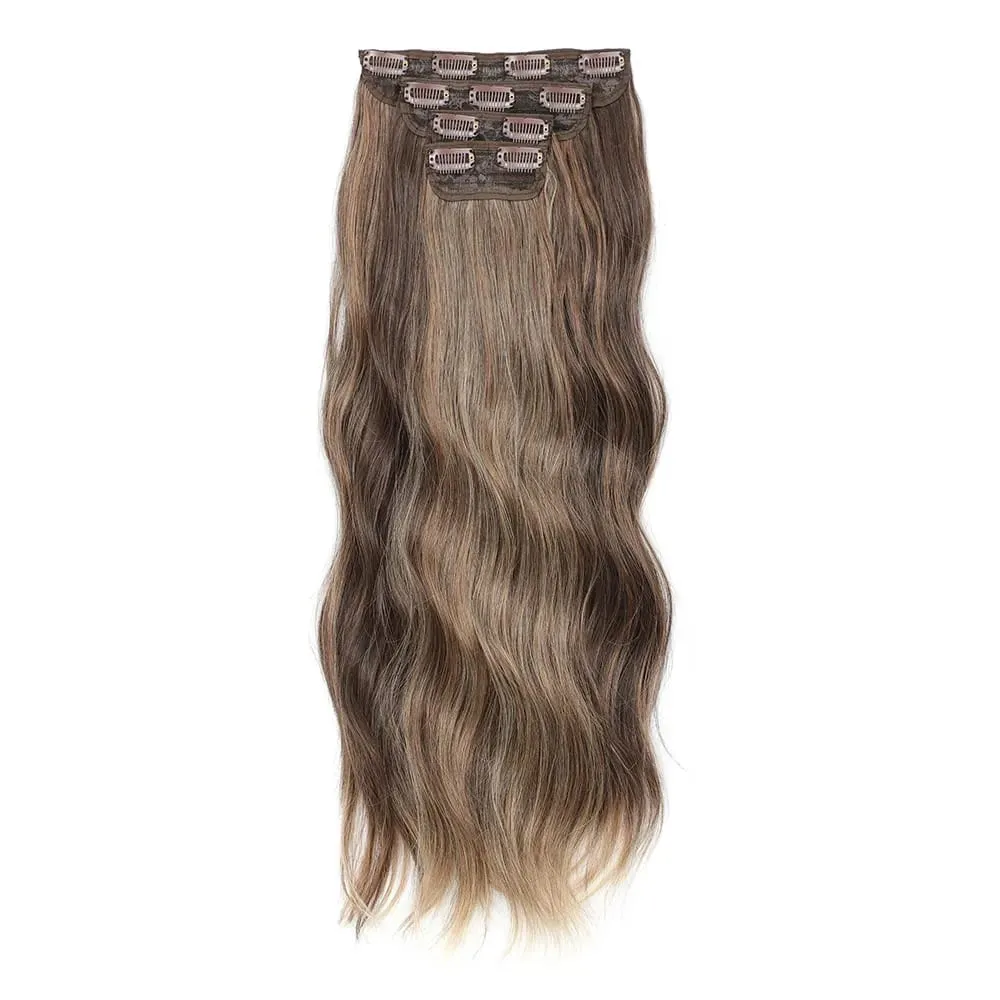 4 pçs/set 11 clipes 22 polegadas 220g ondas de praia clipe em extensões de cabelo loira arenosa champanhe resistente ao calor sintético peruca — image 27