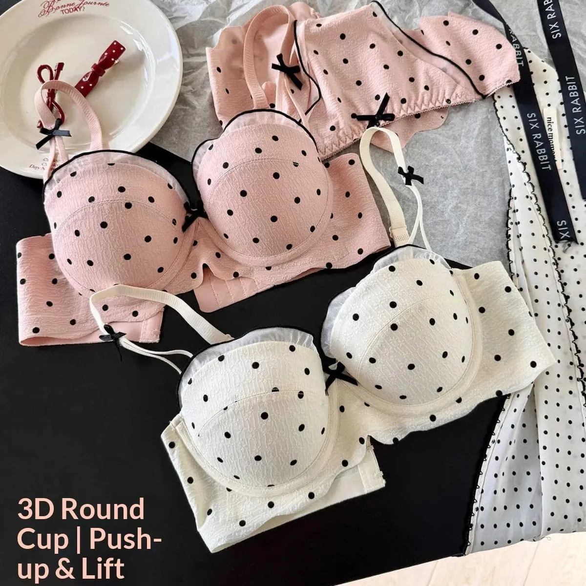 Ensemble deux pièces soutien-gorge en dentelle à pois, petit buste, Anti-affaissement, Collection de seins latéraux, ensemble de Lingerie confortable sans fil — image 4