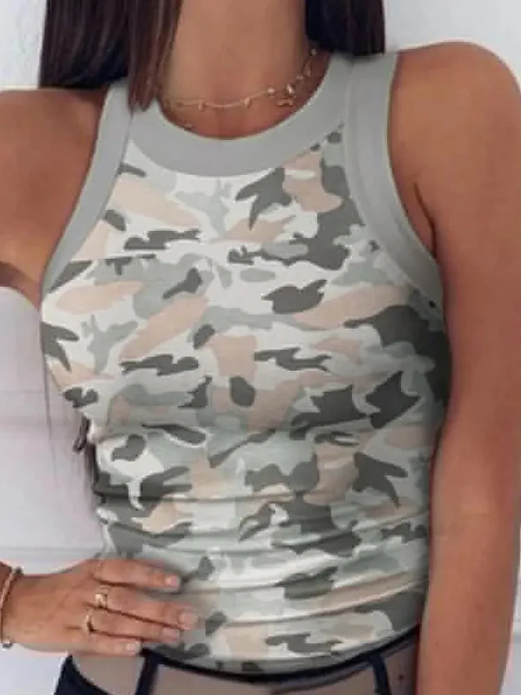 Women Casual Camo Round Neck Ribbed Tank Top Summer Basic Elastic Camisole Sexy Sleeveless Crew Neck Vest Women's Clothing — image 3