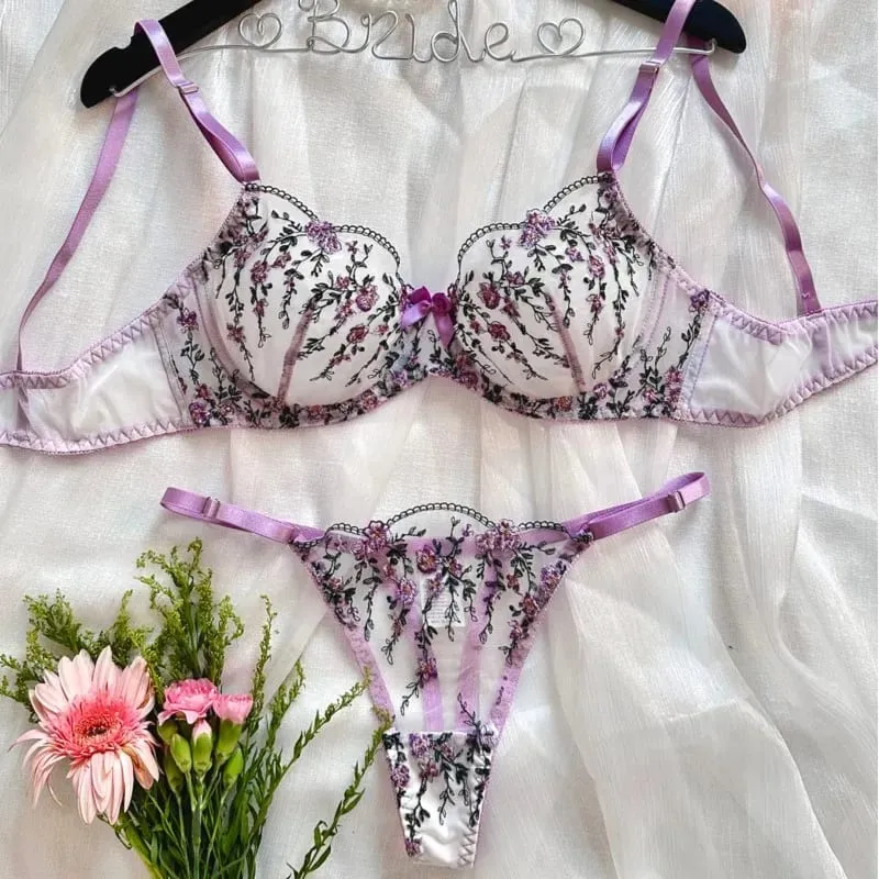 Exotic Fairy Lingerie PushUp Bra Embroidered Tulle Sheer Mesh 3Piece Transparent Intimate Wear for Women — image 3