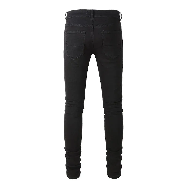 Men Cracked Silver Leather Patch Biker Jeans Streetwear Skinny Tapered Stretch Denim Pants Holes Ripped Patchwork Black Trousers — image 3