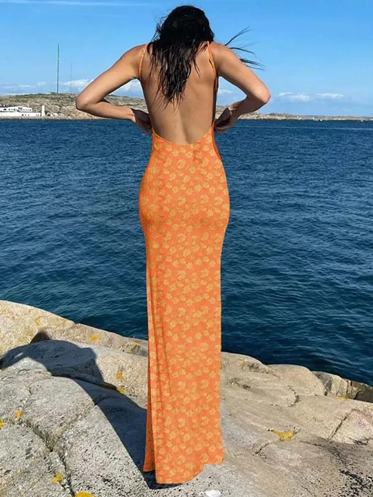 Dámské potisk květin Bez rukávů Tenké maxi šaty bez zad Elegantní streetwear společenské oblečení jaro 2025 stručné sexy slipové šaty — image 7