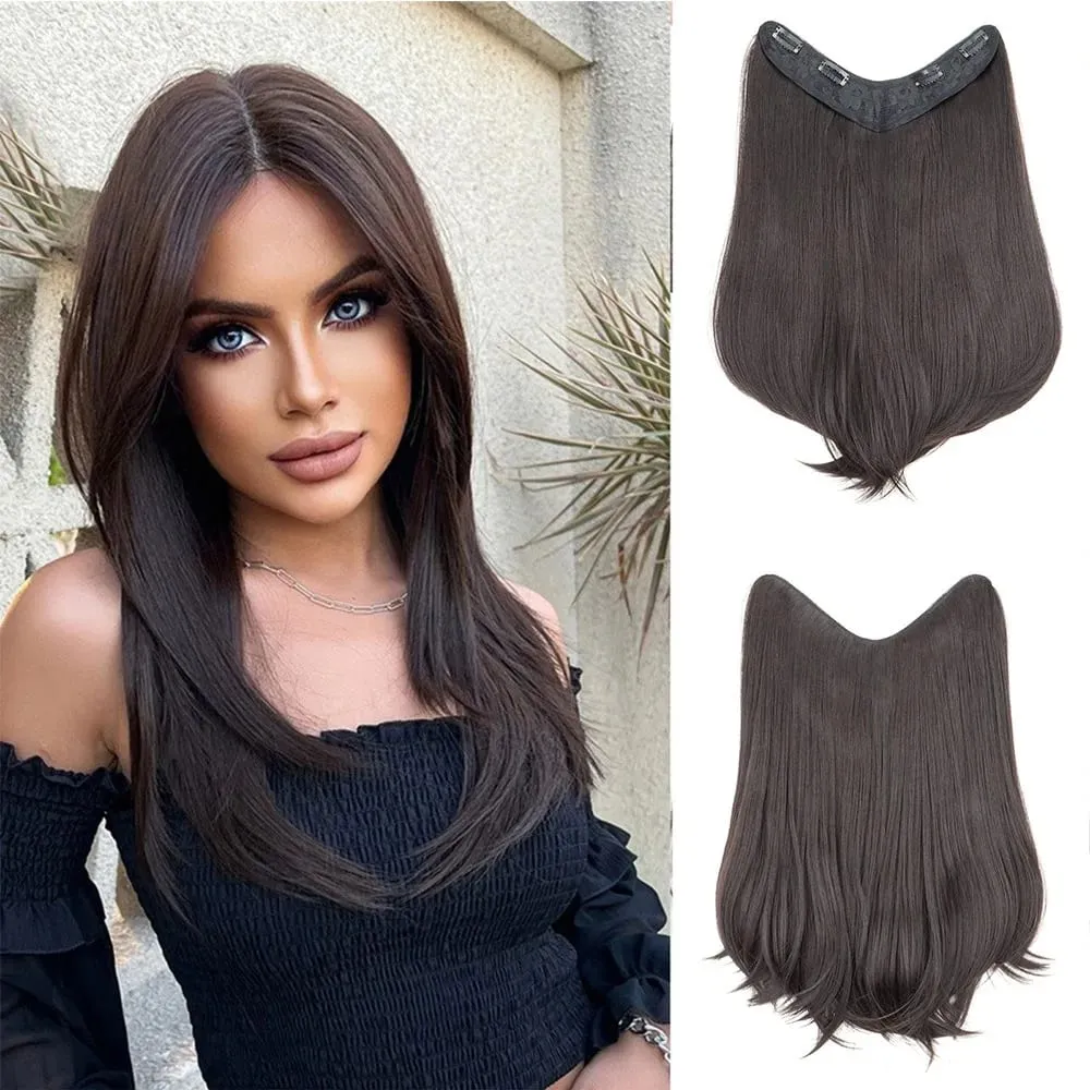 18Inch Synthetic V Long Curly Inner Buckle Hair Extension Black Brown Hairpiece Wig for Women