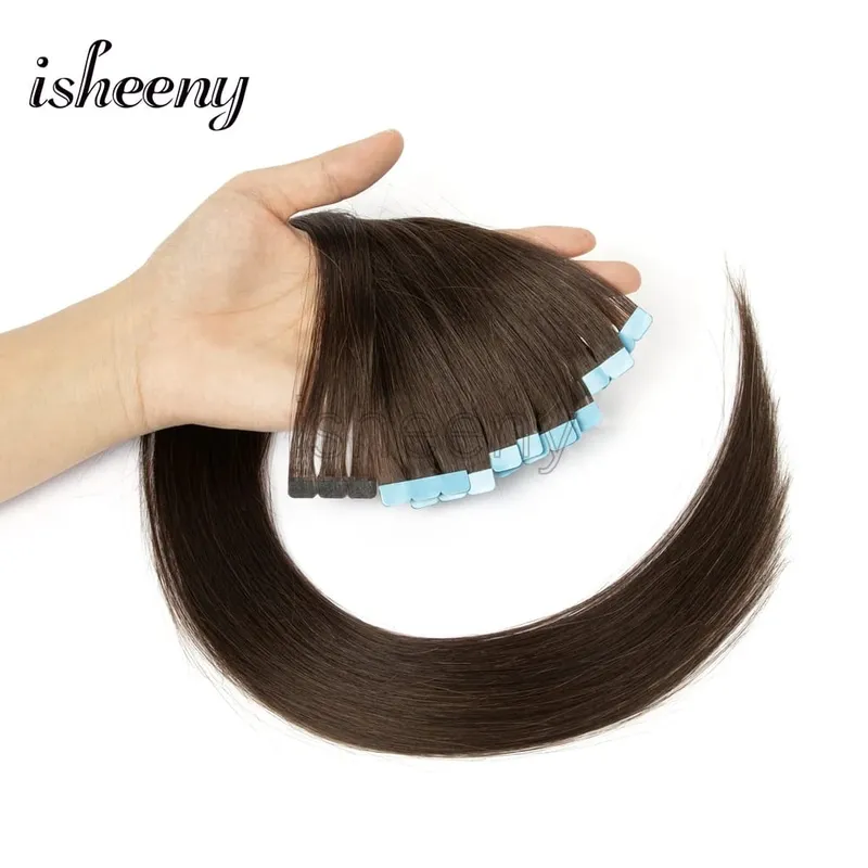 Isheeny Mini Tape In Human Hair Extensions 12"-24" Machine Remy Skin Weft Adhesive Tape Hair Natural Black Brown Blonde Tape Ons