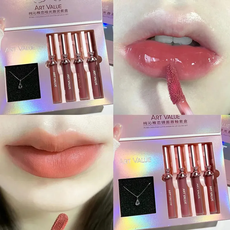 ART VALUE 4Pcs Lipgloss Liquid Lipstick Lasting Moisturizing Makeup Mirror Lip Glaze Set With Necklace Lip Tint Beauty Makeup