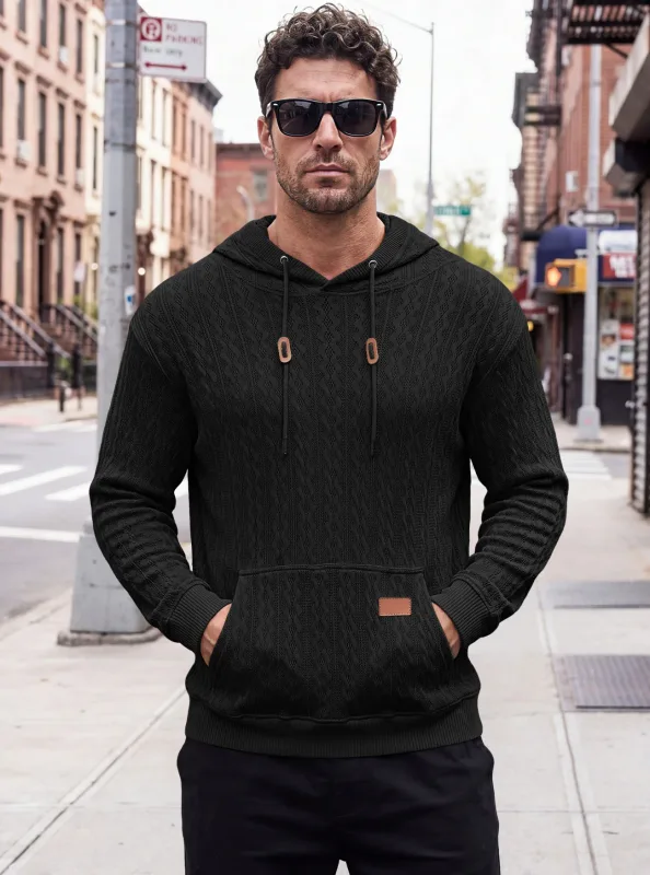 Men Thin Cable Knit Hooded Sweatshirt Drawstring Hood Kangaroo Pocket Long Sleeve Loose Casual Pullover Autumn Daily Street Tops — image 1