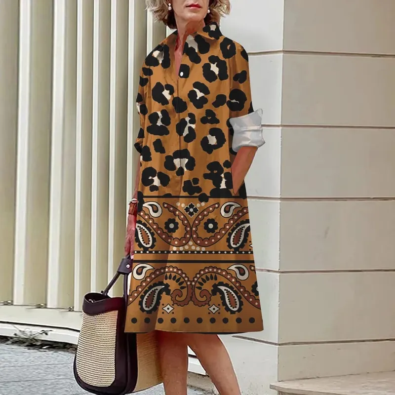2024 Elegant Ladies Long Sleeve Shirt Dress Lapel Button Exquisite Printing Mid-Length Dress Casual Loose Commuter Shirt Dresses — image 15