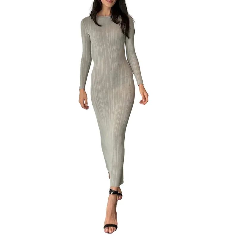 Women Spring Autumn Solid Color Bodycon Knit Dress Long Sleeve Crew Neck Ribbed Dress Slim Fit Long Dress — image 11